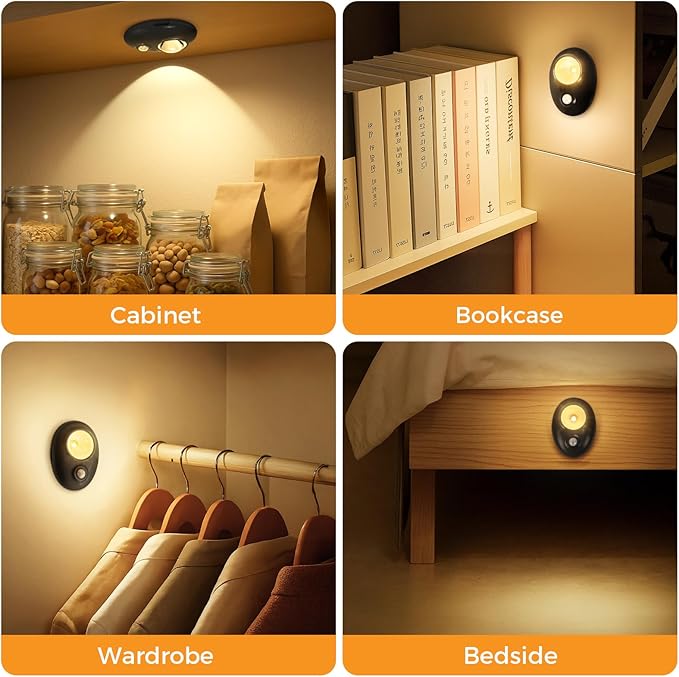 Motion Sensor Puck Lights, 3 Color Temps Dimmable Under Cabinet Lighting indoor, LED Wireless Rechargeable Magnetic Closet Light for Drawer, Shelf, Wardrobe, Kitchen, Hallway (Black, 4 Pack)