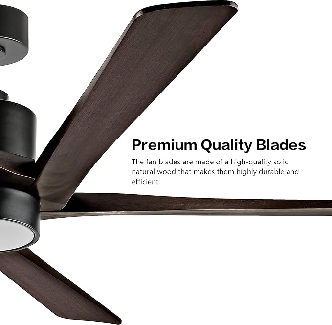WINGBO 54 Inch DC Ceiling Fan with Lights and Remote Control, 5 Reversible Carved Wood Blades, 6-Speed Noiseless DC Motor, Modern Ceiling Fan in Matte Black Finish with Walnut Blades, ETL Listed