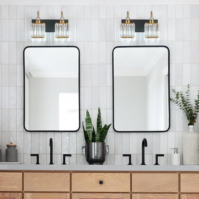 Modern Bathroom Vanity Light 2-Light Black and Gold Crystal Light Fixtures Over Mirror for Bathroom Wall Sconce