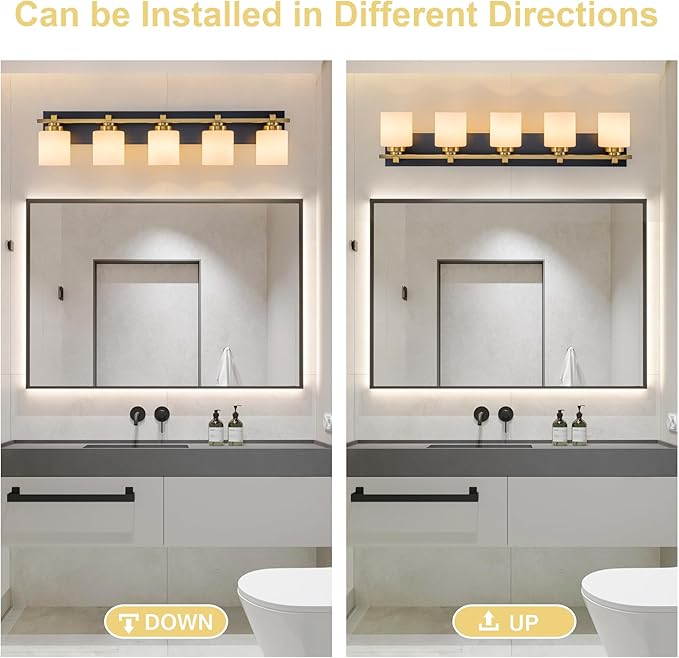 5 Light Modern Bathroom Light Fixtures Over Mirror, Black Gold Vanity Lights for Bathroom Wall Sconces with Milky White Glass Shades, E26 Socket (Bulbs Not Included)