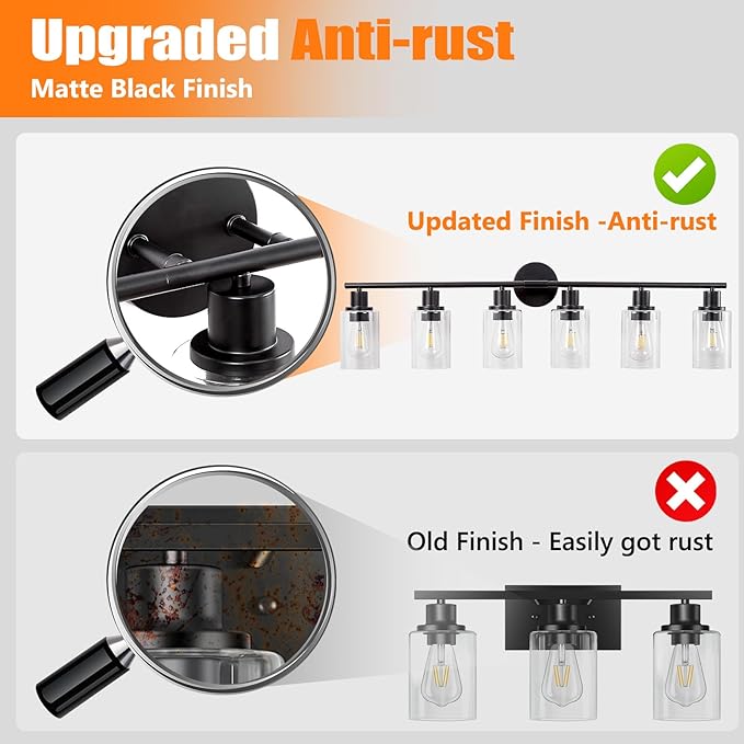 DLLT 6-Light Bathroom Light Fixtures: Black Modern Vanity Lights with E26 Bulbs - Clear Glass Shade Bathroom Wall Lamp for Mirror Kitchen Living Room Hallway Cabinet Porch