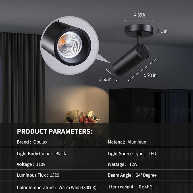 12W LED Dimmable Ceiling Spotlight Indoor - Adjustable Surface Accent Lamp for Corridor, Living Room, Warm White 3000K, CRI 97, Anti-Glare Picture Artwork Spot Light, Black 2 Packs