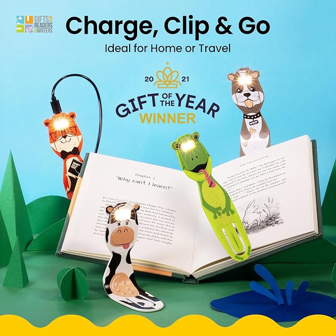 Gifts for Readers & Writers Bookmark Reading Lights Fox 2in1 Clip On Bookmark Kids Light for Reading in Bed, Rechargeable Travel Cute Lights, 20 Lumen LED