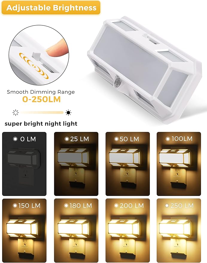 Super Bright Night Light, LOHAS Night Lights Plug into Wall [2 Pack], 0-250LM LED Night Light with Light Sensor, 2W Dimmable Nightlight, Soft White 3000K for Bathroom, Adults Kids Room, Stairway