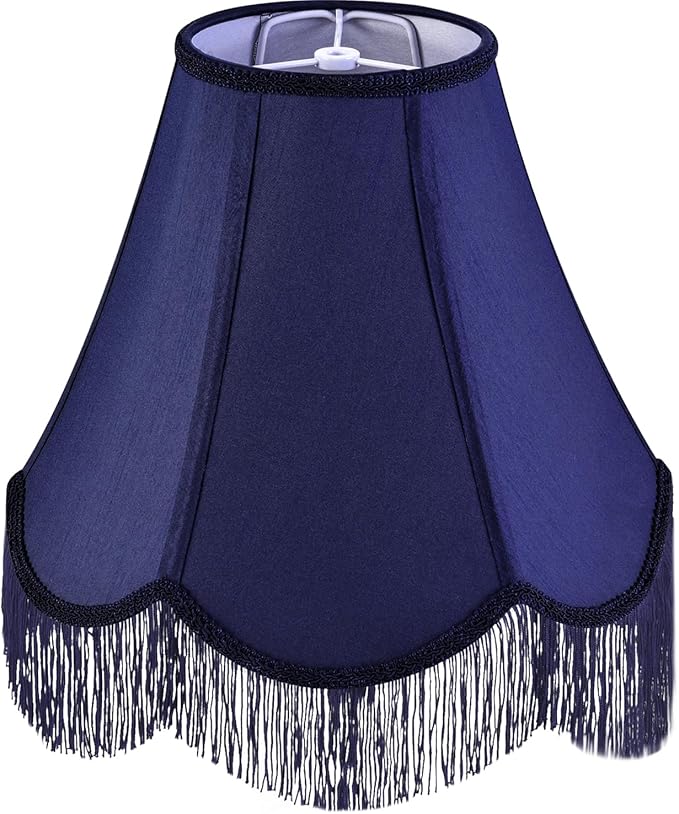 GO&SO Blue Silk Bell Lamp Shades Petal Edge Braid with Blue Fringe Trim, 6"x13"x10.6"(Spider), Victorian Scalloped Lamp Shades Hand Crafted,Replacement Lamps Shades for Table,Floor Lamps,Easy Assembly