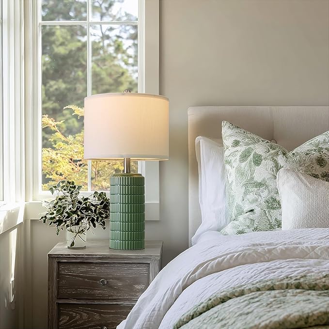PoKat 24" Modern Ceramic Table Lamps Set of 2 for Bedroom, Green Bedside Lamps for Night Stands, Farmhouse House Decor Nightstand Table Lamps for Living Room End Table Green