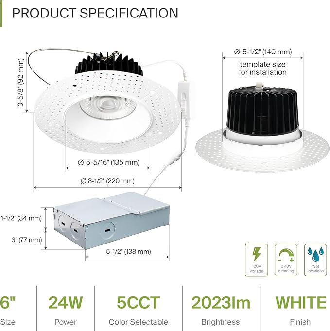 ASD Trimless LED Commercial Downlight - 6 Inch, 24W 120-277V J-Box Canless, Dimmable, 5 CCT 2700K-5000K CRI 90+, IC Rated, ETL, Energy Star, White, 12 Pack