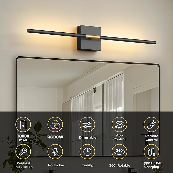 L LOHAS LED Battery Operated Wall Sconces Set of 2, Battery Wall Sconce 10000mAh, Gold and Black Rechargeable Sconces 3CCT + RGB, 28.7 Inch Wall Lights, Sconce Wall Decor for Bedroom, Living Room