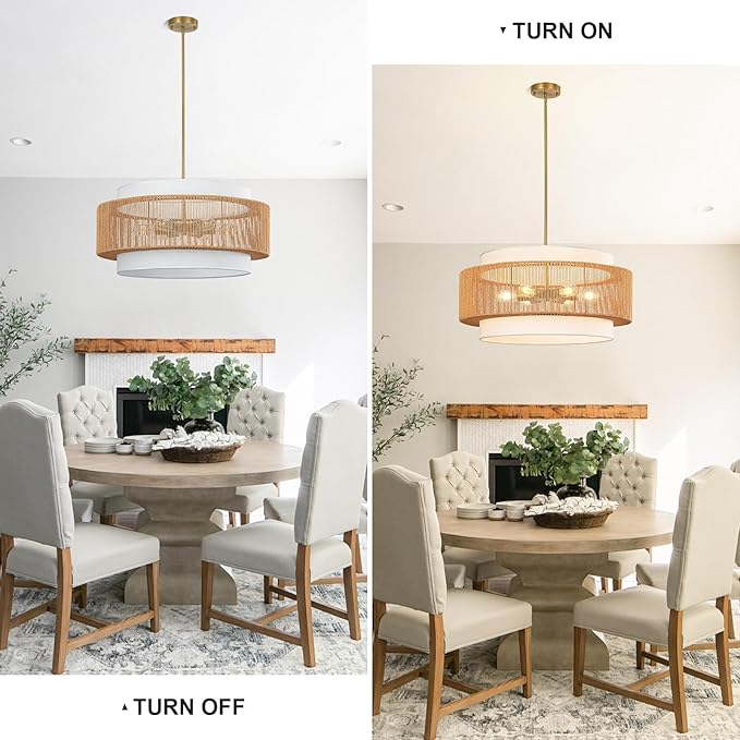 25.6" Rattan Chandelier, 6-Light Large Rattan Pendant Light with Fabric Lampshade, Farmhouse Boho Light Fixture Ceiling Hanging for Dining Room, Living Room, Bedroom, Kitchen Island, Hallway, Foyer