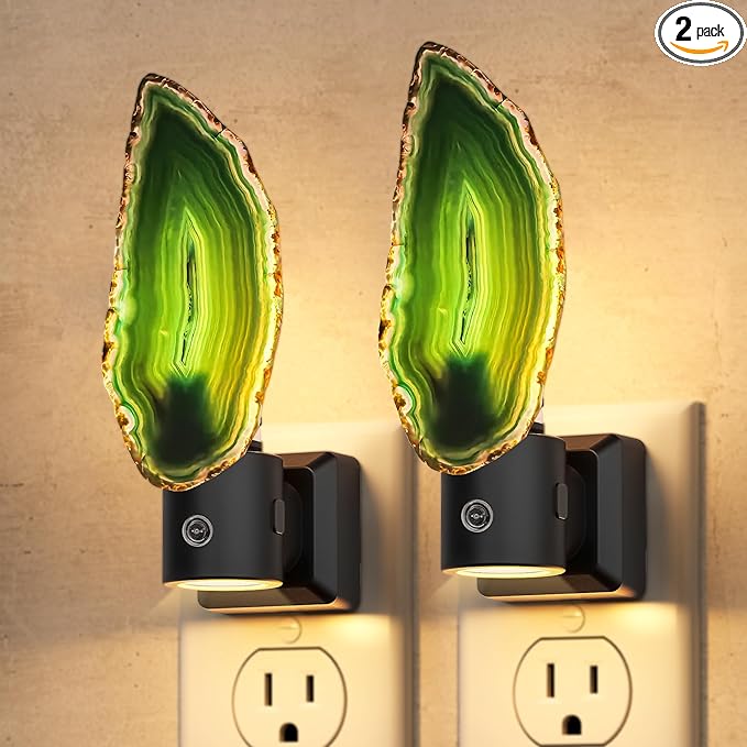 Briignite Agate Night Lights Plug into Wall, Dimmable Night Lights with Adjustable Brightness, LED Nightlight with Dusk to Dawn Sensor, Green Healing Stone Agate 3000K Warm White for Hallway Bedroom