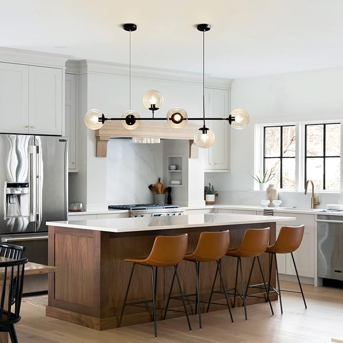 KCO Lighting 6-Light Modern Globe Sputnik Chandelier Mid Century Black Pendant Light Chandelier Dining Room Linear Pendant Lighting Kitchen Island Adjustable Pendant Light Fixtures (Black+Amber)
