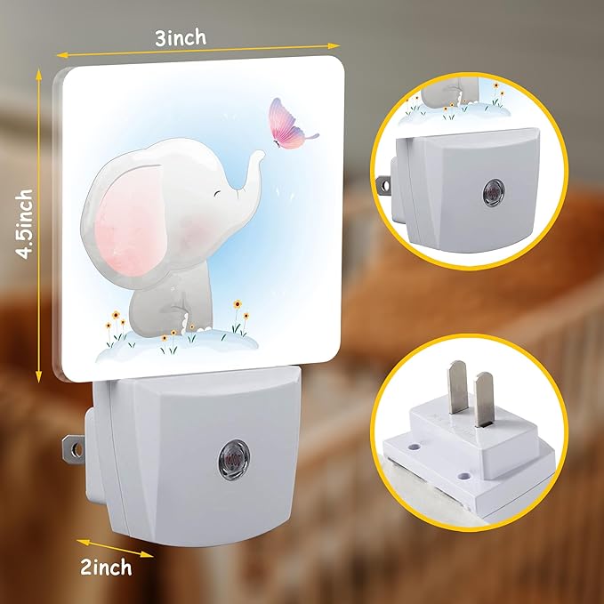 Cute Baby Elephant Play Butterfly Night Light Plug into Wall with Dusk to Dawn Sensor Energy Efficient LED Nightlight for Women Girls Boys Room Decor,Hallway,Kitchen,Bathroom,Nursery,Stairs