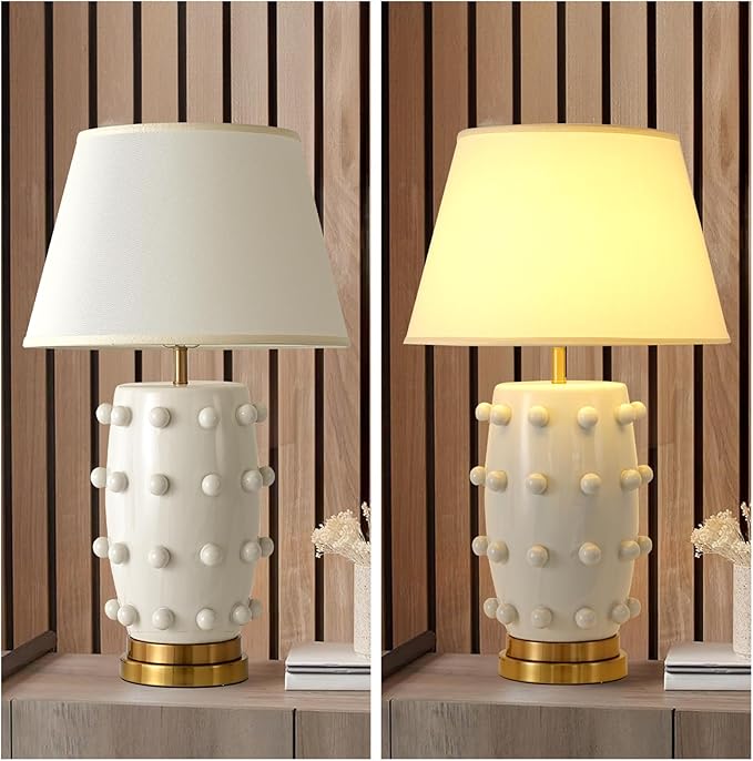 30" Modern Ceramic Table Lamp - Large White Ball Farmhouse Design with Drum Shade, Ideal for Living Room, Bedroom, and Office Decor