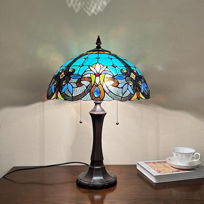 Tiffany Table Lamp,Stained Glass Table Light for Reading,Victorian Style 16 inch Large 2-Lights Antique Desk Lamp for Living Room Bedroom Study Office