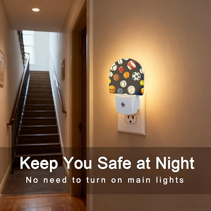 Retro Sports Balls Night Light, Dusk-to-Dawn Auto Sensor Plug in Night Light for Kids, 0.5W Energy Saving LED NightLights for Bedroom/Bathroom, Ideal Gifts for Women Men