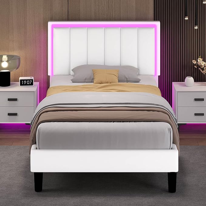 Twin Bed Frame, Twin Bed Frames with Headboard, Upholstered and RGB LED Lights, Heavy Duty Wood Slats Support, Noise-Free, No Box Spring Needed, Easy Assembly, White