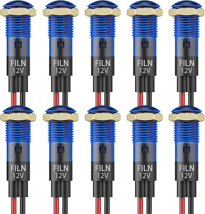 10PCS Small 12V LED Indicator Light, 8mm (5/16") IP67 Waterproof Low Power Pilot Lights Panel Mount for Car, Truck, Boat, Dash 12v 24v(10PCS Blue LED)