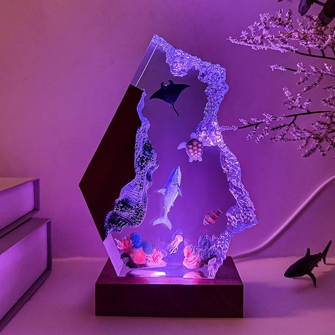 Great White Shark Ocean Resin Lamp, Handmade Resin Night Light for Home Office Decor, Multi-Color LED Light with USB Port, Shark Gifts for Birthday Holiday, Valentine's Day Gifts for Him Kids (9"x6")