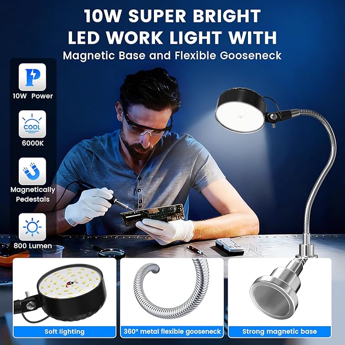15W Magnetic Work Light,6000k Machine LED Work Light with Flexible Gooseneck and Magnetic Base,Shop Tool Lamp for Work Bench,Lathe,Sewing Machine, Grill,Shop,Industrial Lighting