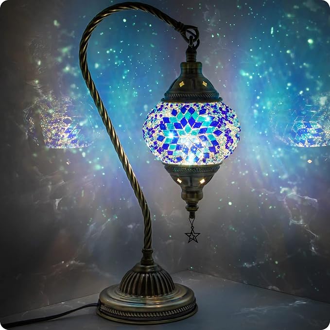 Yarra-Decor Turkish Moroccan Lamp with Bronze Base 3 Color Options Handmade Swan Neck Tiffany Mosaic Glass Bedside Lamps for Bedroom (LED Bulb Included)