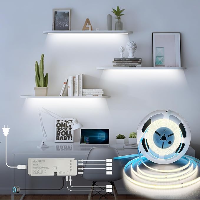 HAMRVL Shelf Lights 12V COB LED Strip Lights, 16.4ft 6000k Plug-in Cuttable White LED Tape Lights, Dimmable Under Cabinet Lighting for Book Shelf, Display Case, Wardrobes, Cabinets, Floating Shelves