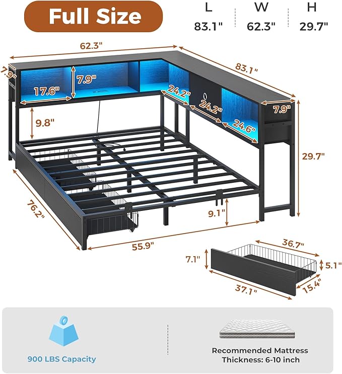DICTAC Full Corner Bed Frame with Bookcase Storage and Led Lights Metal Platform Bed Frame Full Size with Storage Drawers & Charging Station Full Size Daybed for Teen/Adult,No Box Spring Needed,Black