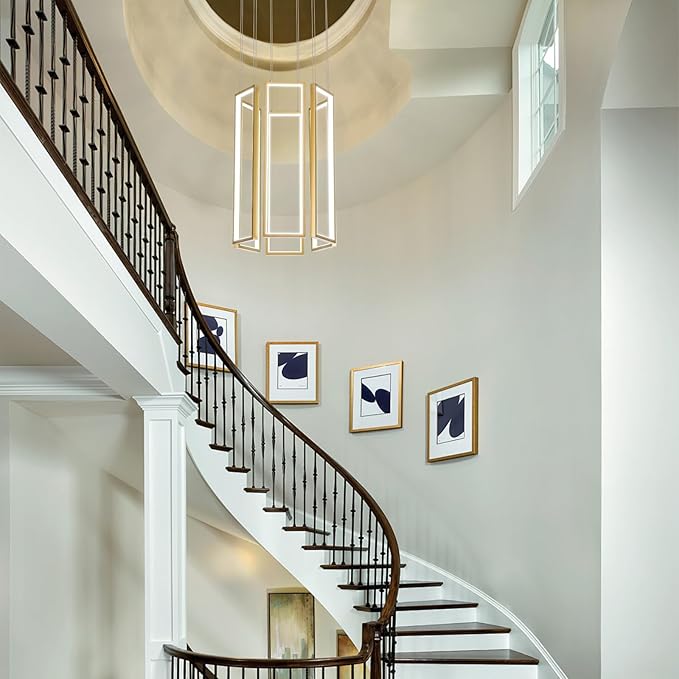 CHYING Gold Modern LED Staircase Chandelier, 6 Light 96W 6000K Cool White Long Chandelier for High Ceilings, Hanging Adjustable Pendant Light for Foyer Entryway Living Room