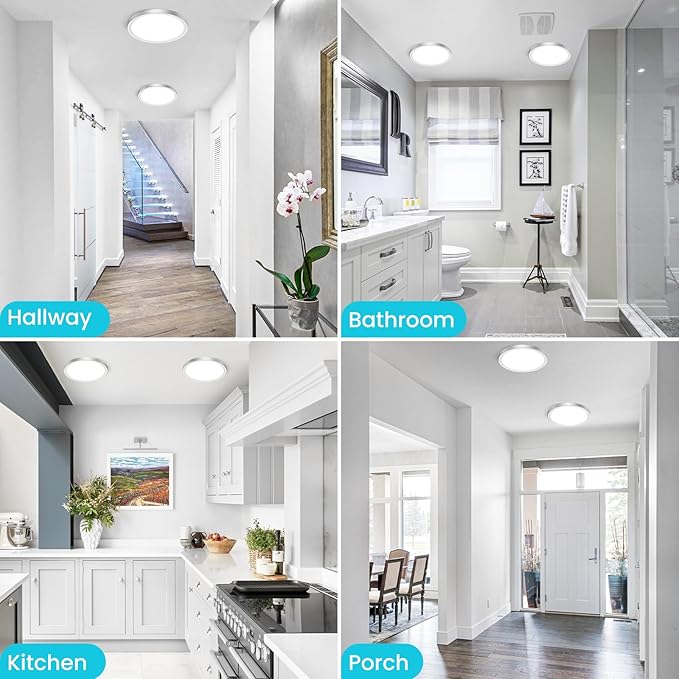 libtit 7 Inch Nickel Brushed Flush Mount Ceiling Light, 15W Ceiling Light Fixture,3000K/4000K/6500K Color Selectable,Ultra-Thin Round Ceiling Lighting Fixture for Bedroom Kitchen Pantry, 12 Pack
