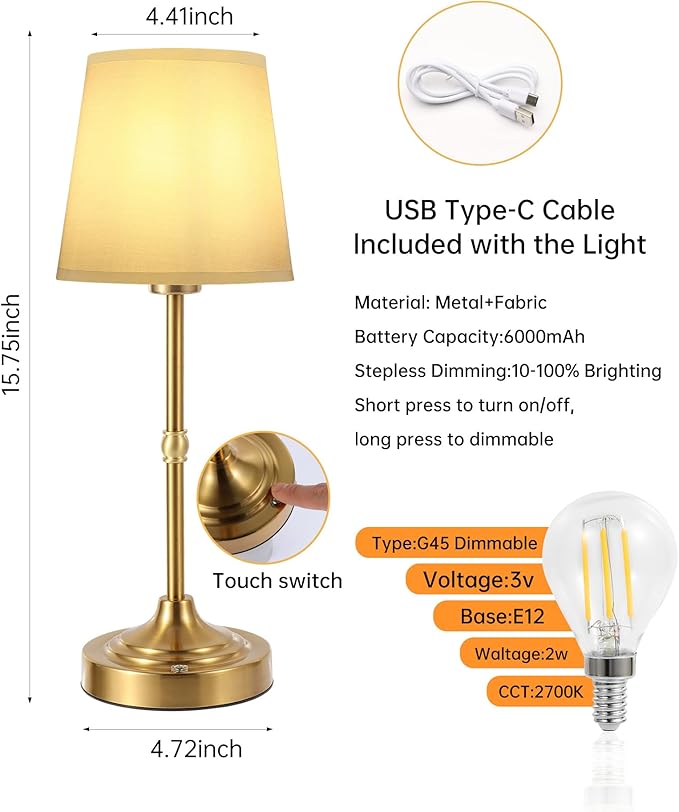 Portable LED Table Lamp, Rechargeable Cordless Desk Lamp with Fabric Shade, 6000mAh Battery Powered Besides Lamp, Stepless Dimmable, 2700K Warm Ambient Light for Indoor Outdoor (Gold)