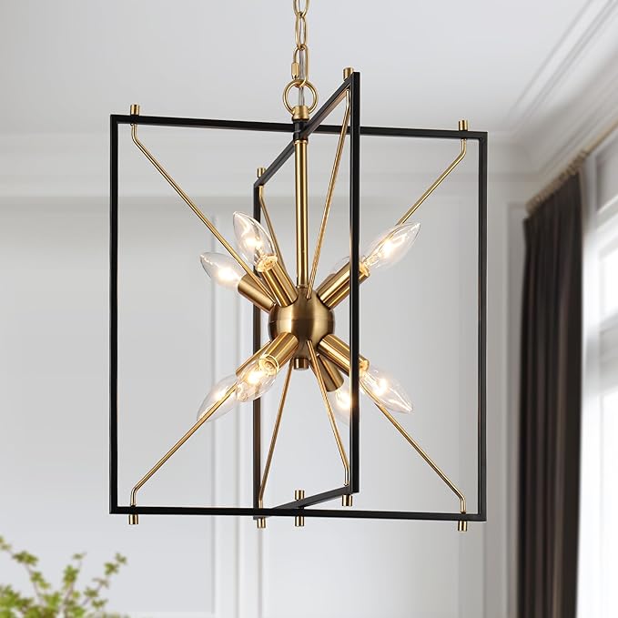 KSANA Black and Gold Chandelier, Modern 8-Light Geometric Lantern Pendant Light Fixture, Mid-Century Sputnik Design with Electroplated Brass Accents for Dining Room, Kitchen Island, or Entryway