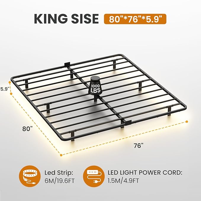 King Size Floating Bed Frame with Smart LED Lights, Heavy Duty Metal Platform Floating Bed Frame, No Box Spring Needed, Easy Assembly, Noise Free