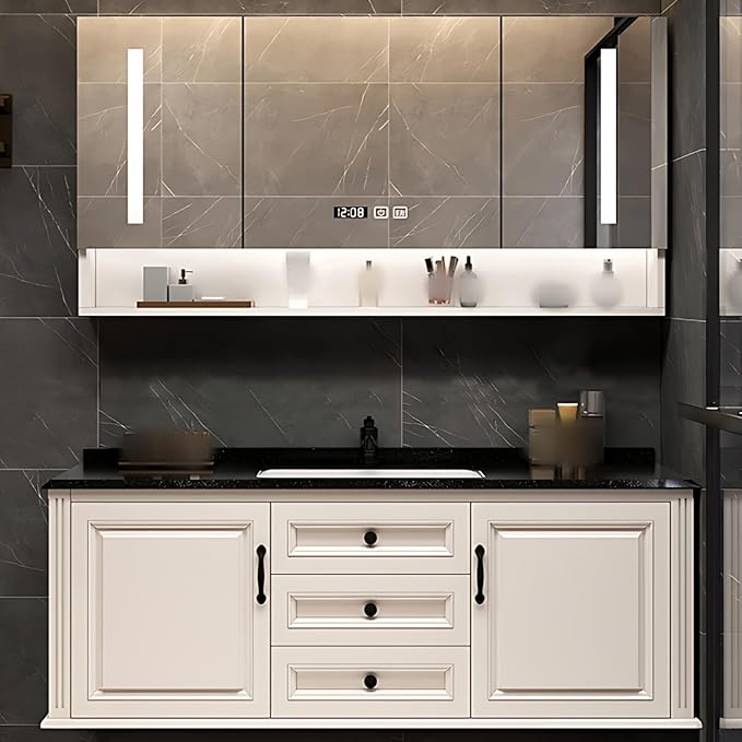 48IN Bathroom Vanity with Single Sink - Open Style Storage Shelves & Side Cabinets | Wall Mounted Bathroom Vanities Set, Time Display Mirror Cabinet Includes Defogging & Lighting Functions (Style A)