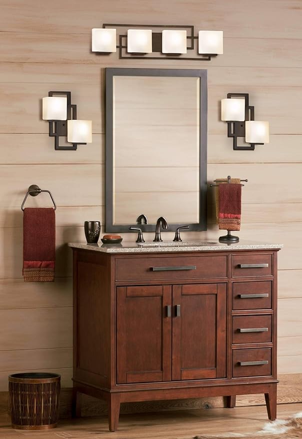 Possini Euro Design Lighting on The Square Modern Wall Mount Light Bronze Metal Hardwired 29" Wide 4-Light Fixture Geometric Opal Glass Shades for Bathroom Vanity Mirror House Home Room Decor