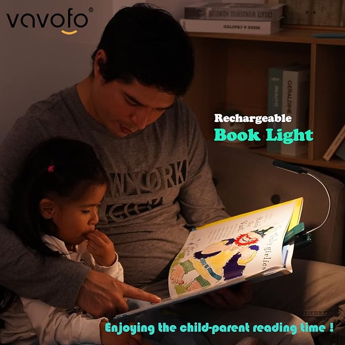 VAVOFO Rechargeable Book Light for Reading in Bed Kids, 7 LED Reading Light with 9-Level Warm Cool White Daylight, Eye Care Lamp with Power Indicator for Bookworms (Green)