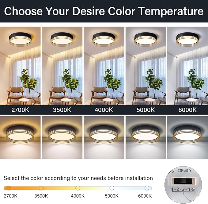 Dimmable Black and Gold Flush Mount Ceiling Light, Modern Round LED Ceiling Lights Fixture, Kitchen Flushmount Light for Bedroom Hallway Kitchen 2700 K-6000 K 5CCT