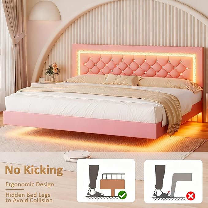 BarnFurin Floating Bed Frame King with LED Lights, Upholstered Platform Bed with Diamond Tufted Headboard, No Box Spring Needed, Noise Free, Easy Assembly, Pink