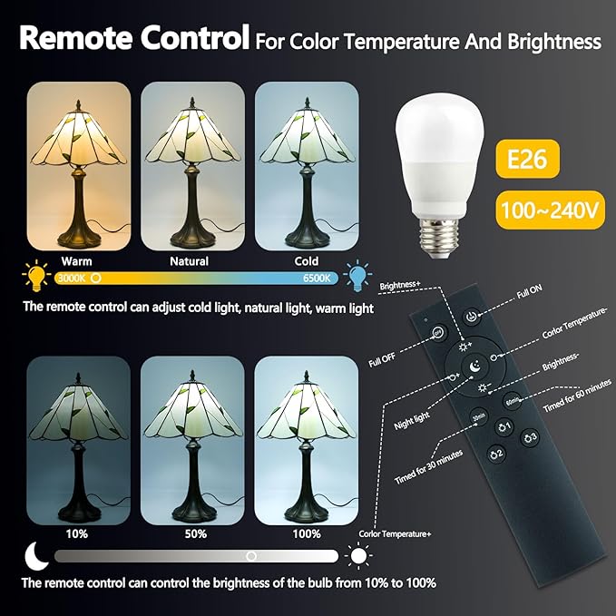 Tiffany Style Table Lamp, Small Stained Glass Lamp for Bedside, Bedroom, Nightstand, Living Room, 12 Inch Mini Vintage Light Included E26 Bulbs with Remote Control (White with Leaves)
