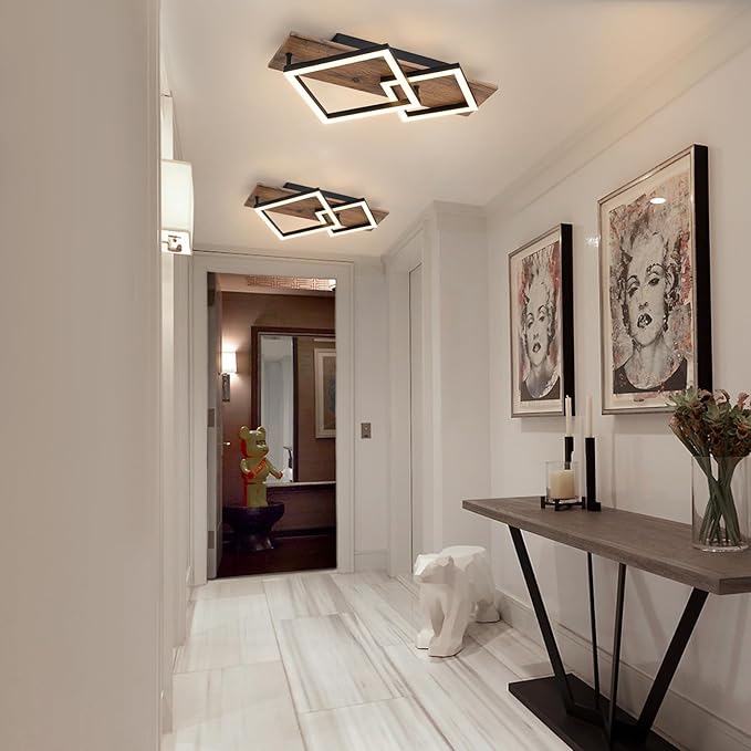EDISLIVE Modern Wood LED Ceiling Light Square 18.7in Flush Mount Lighting Fixture 24W 3000K Kitchen Ceiling Lights for Bedroom Living Room Kitchen Hallways