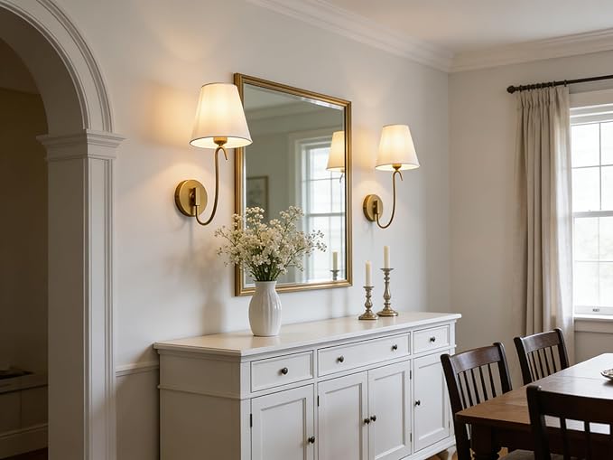 PERMO Antique Wall Sconce with White Fabric Shade, E26 Hardwired Wall Light, Goose-Neck Design for Bedroom, Living Room, Hallway