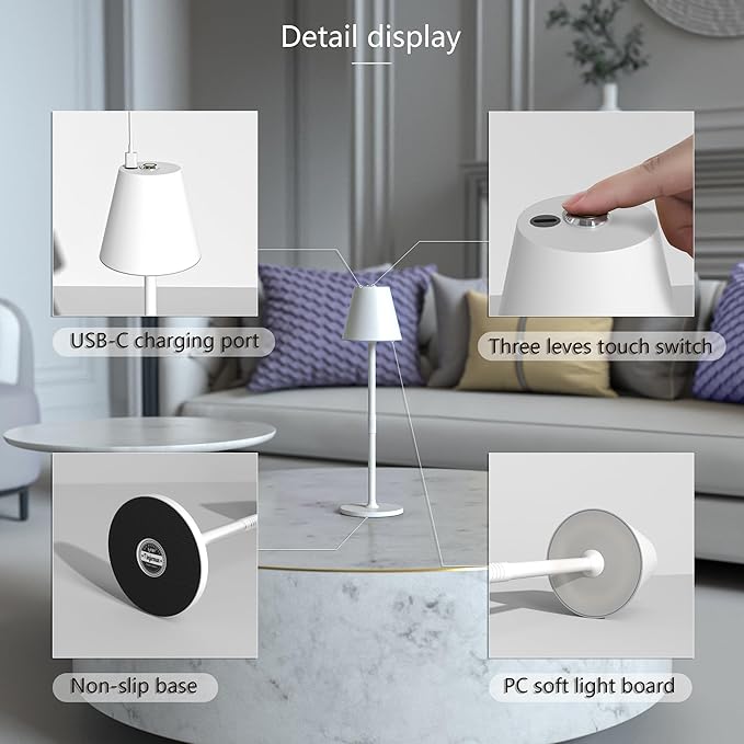 LED CordlessTable Lamp,4000mAh Rechargeable Battery Desk lamp,3 Level Brightness Beside Night Light, Minimalist Design, for Couple Dinner/Coffee Table/Restaurant/Bedroom(White 4PACK)