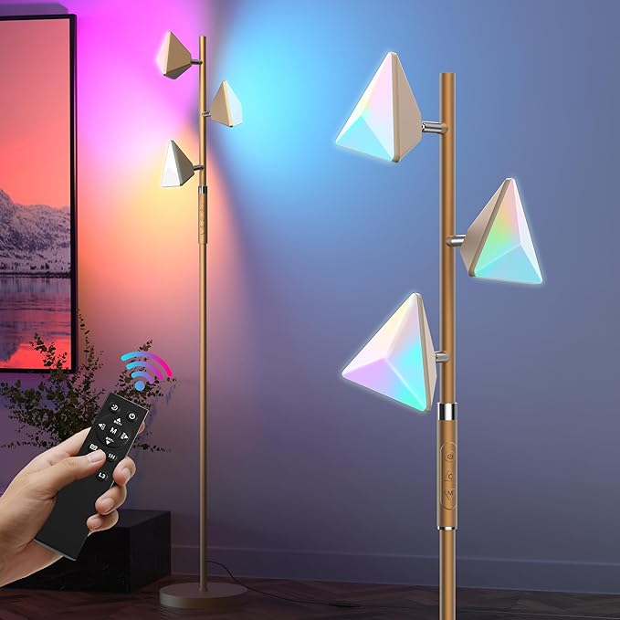 PARTPHONER RGB Tree Floor Lamp for Living Room, Stepless Dimmable Tall Standing Lamp with Remote, Touch Control and 3 Rotatable Light, Bright LED Lights for Bedroom with 4 Color-Changing, Gold