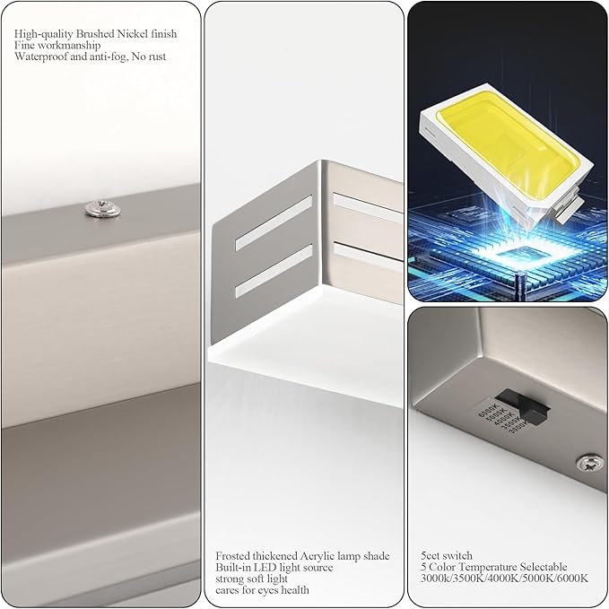 Ralbay 40inch Brushed Nickel Vanity Light with 5 Color Temperature (2700K-6000K) Dimmable Acrylic Metal 36W LED Modern Bathroom Lighting Over Mirror