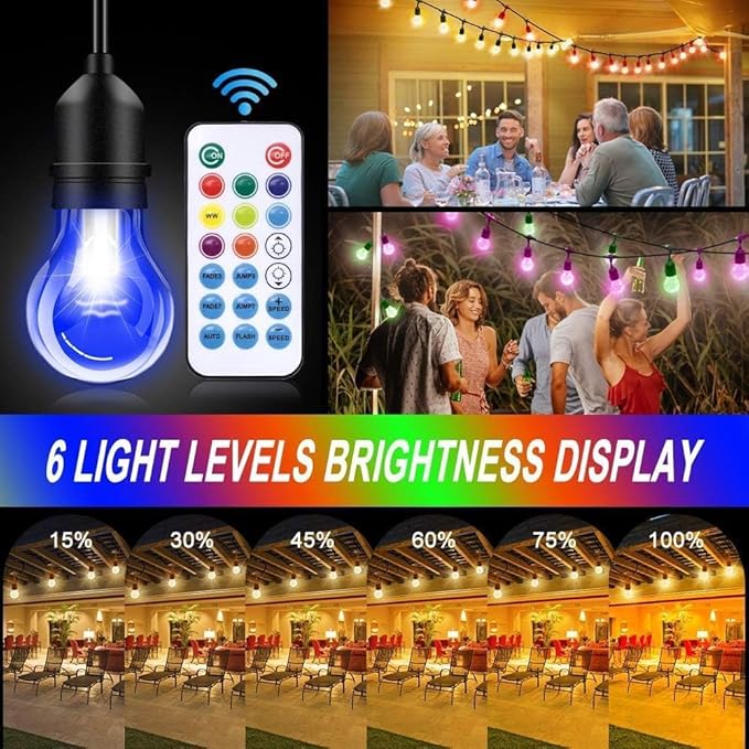 105FT Solar Outdoor String Lights, 32 Shatterproof E26 Edison LED Bulbs, Dimmable RGB Color Changing Patio Lights Waterproof with Remote. for Backyard, Garden, Party, Bistro, Cafe