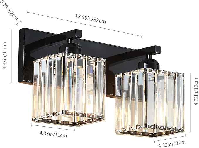 Modern Bathroom Vanity Light 2-Lights Plating Black Crystal Bathroom Wall Light Vanity Light Fixtures
