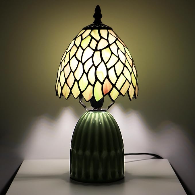 Tiffany Lamp Stained Glass Mushroom Table Lamps 6X6X12.5 Inch Brownish Green Leafage Style Small Night Light Ceramic Base Mini Accent Desk Light Suitable for Bedside Table Bedroom Children Room