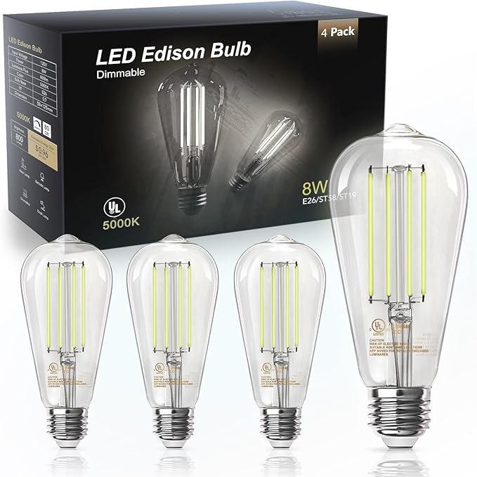 TJOY Edison Light Bulbs 60W Equivalent, Dimmable Vintage LED Light Bulbs, E26 Medium Base, 5000K Daylight, ST58, 8W, 800LM, Ultra-Bright, 80+CRI, Antique Decorative LED Filament, Clear Glass, 4 Pack