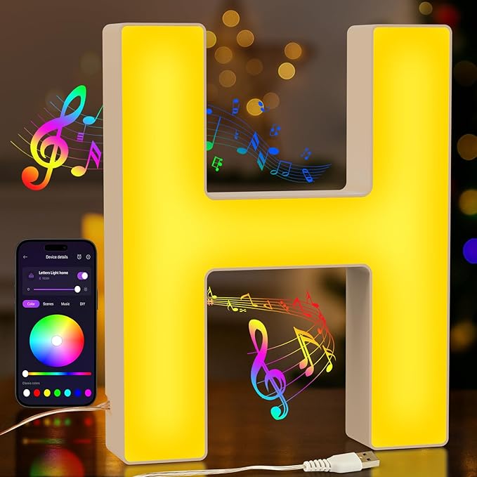 Light Up LED Letter Lights – USB Powered Color Changing Alphabet Sign, APP Controlled Night Light for Bedroom, Party, Birthday, Christmas & Valentine Decorations,H