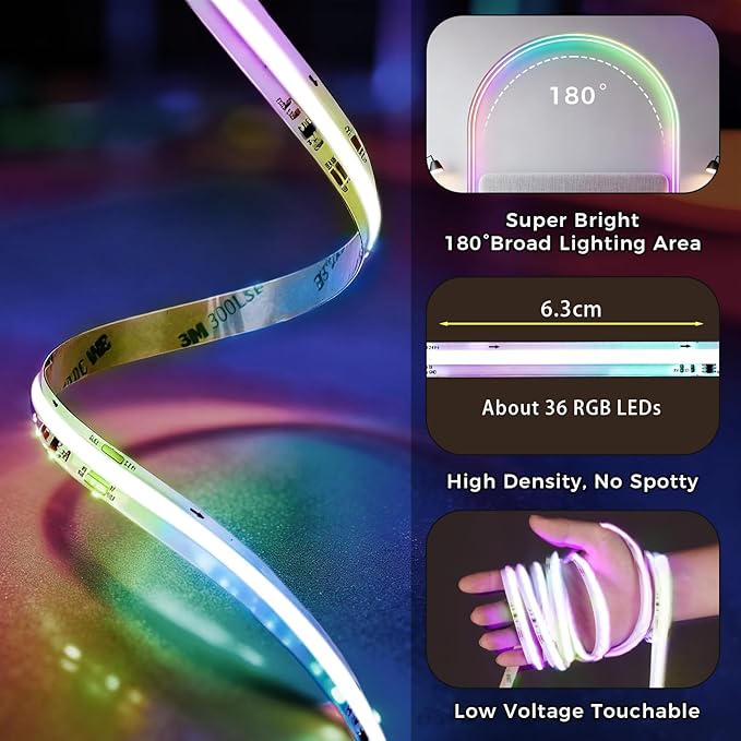 RGB Smart IC COB LED Strip Lights, 40FT Smart LED Light Strip with App & Remote Control, 16M Colors Music Sync, Dimmable for Bedroom, Kitchen, TV Backlight, Gaming Room Decor （1 Roll）