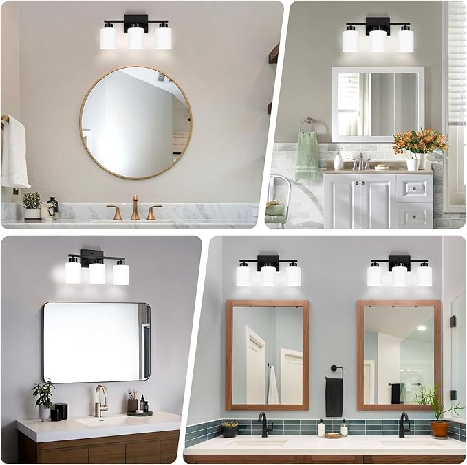 Black Bathroom Light Fixtures, 3-Light Modern Vanity Light Over Mirror, Wall Sconces with Milky White Frosted Glass Shades, E26 Socket (Bulbs Not Included)