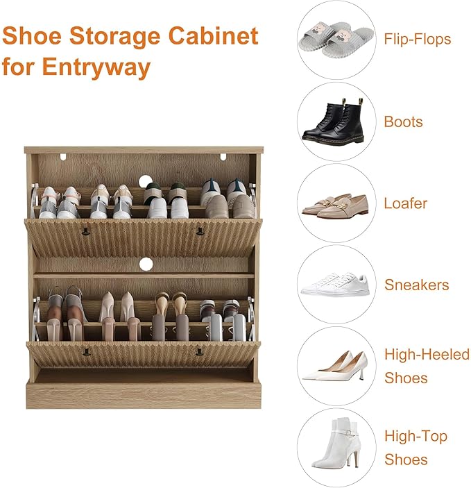 GarveeHome Shoe Cabinet with 2 Flip Drawers, Hidden Wooden Fluted Shoe Cabinet with Adjustable Shelf, Freestanding Shoe Storage Cabinet for Entryway Hallway, Living Room, Natural Oak